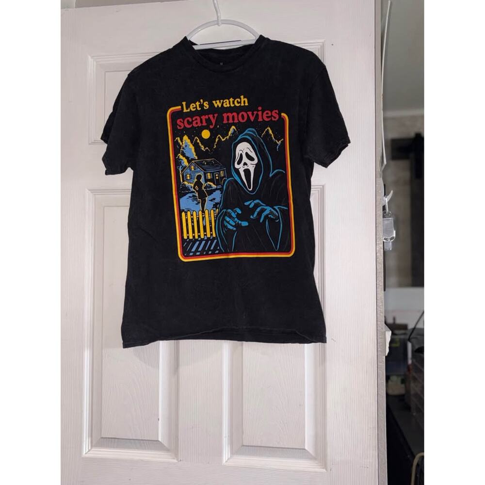 Ghost Face Men's M Black Scream Graphic Tee Let's Watch Scary Movies Shirt
